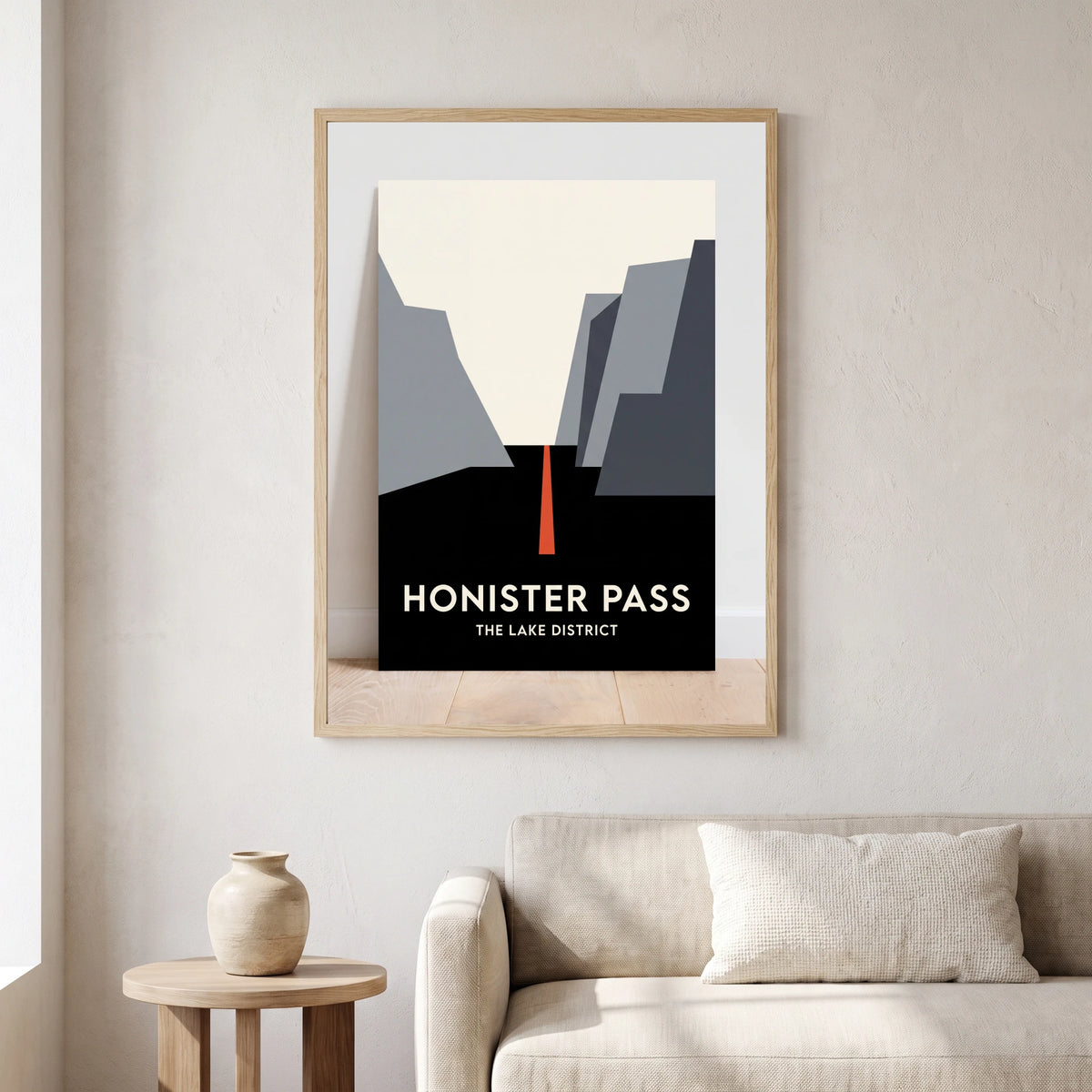 Honister Pass travel poster in a natural frame, hanging in a living
