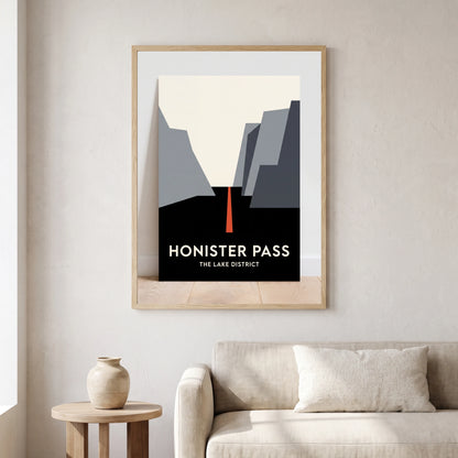 Honister Pass travel poster in a natural frame, hanging in a living