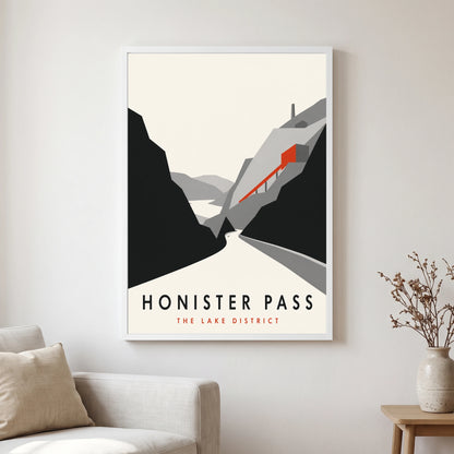 Honister Pass travel poster in a white frame, hanging in a living2