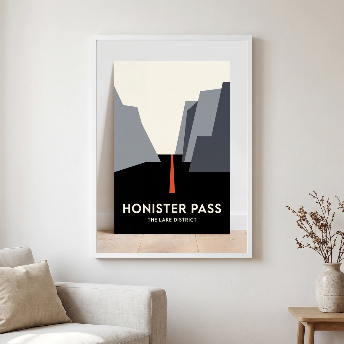 Honister Pass travel poster in a white frame, hanging in a living2