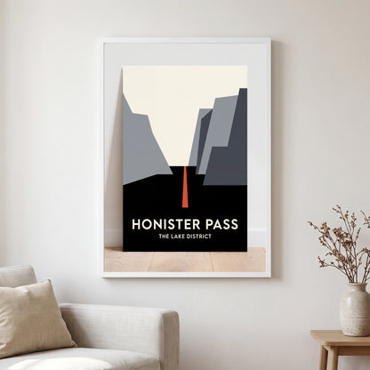 Honister Pass travel poster in a white frame, hanging in a living2