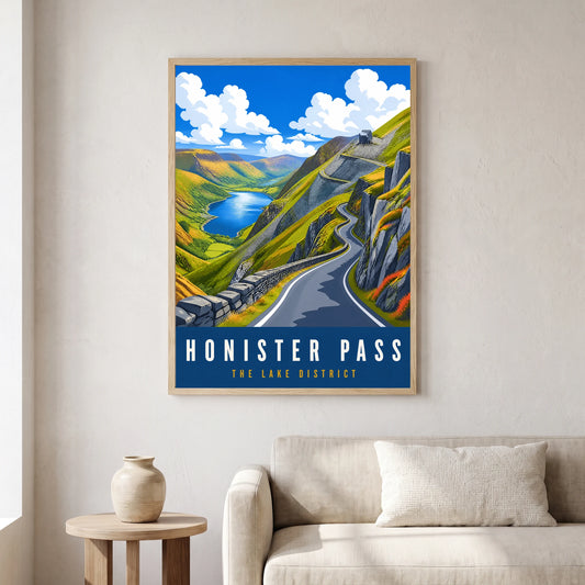 Honister Pass travel poster in a natural frame, hanging in a living