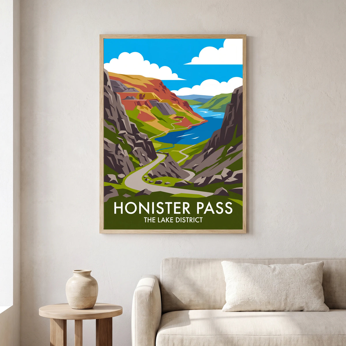 Honister Pass travel poster in a natural frame, hanging in a living