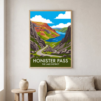 Honister Pass travel poster in a natural frame, hanging in a living