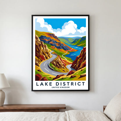Honister Pass travel poster in a black frame, hanging in a bedroom3