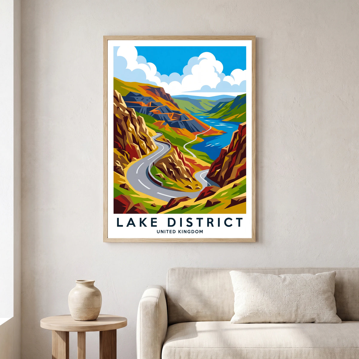 Honister Pass travel poster in a natural frame, hanging in a living