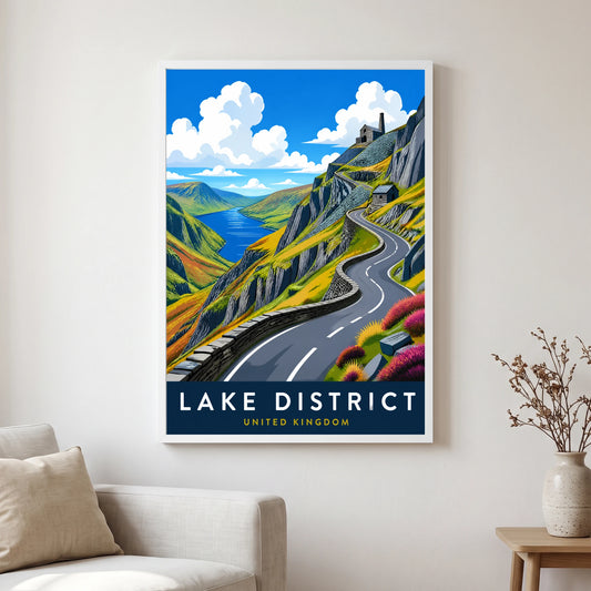 Honister Pass travel poster in a white frame, hanging in a living2