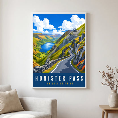 Honister Pass travel poster in a white frame, hanging in a living2