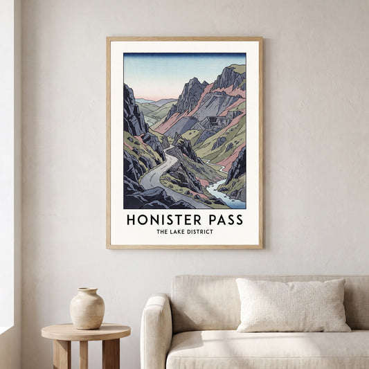 Honister Pass travel poster in a natural frame, hanging in a living