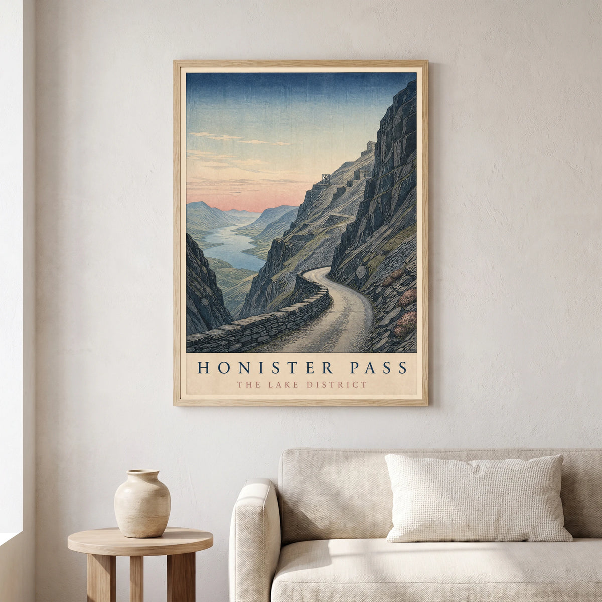 Honister Pass travel poster in a natural frame, hanging in a living