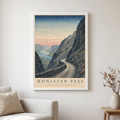 Honister Pass travel poster in a white frame, hanging in a living2
