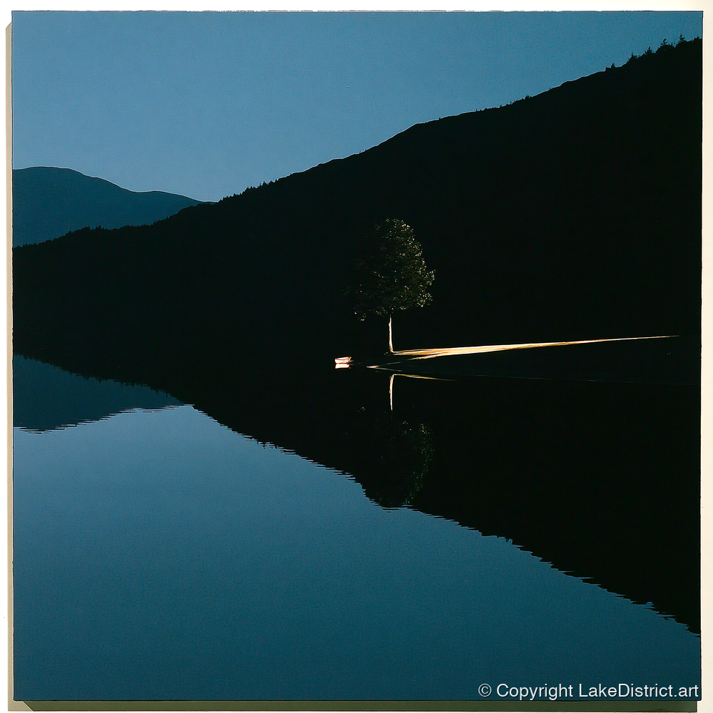 Illuminated Shore on Calm Lake - lake district lake art print and canvas by Adelaide Calloway A.I