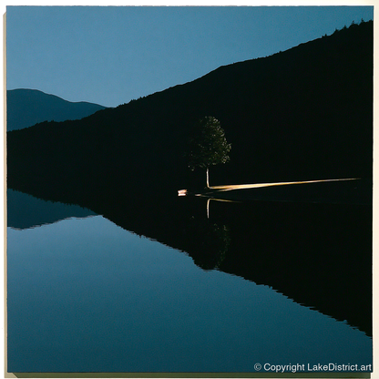 Illuminated Shore on Calm Lake - lake district lake art print and canvas by Adelaide Calloway A.I