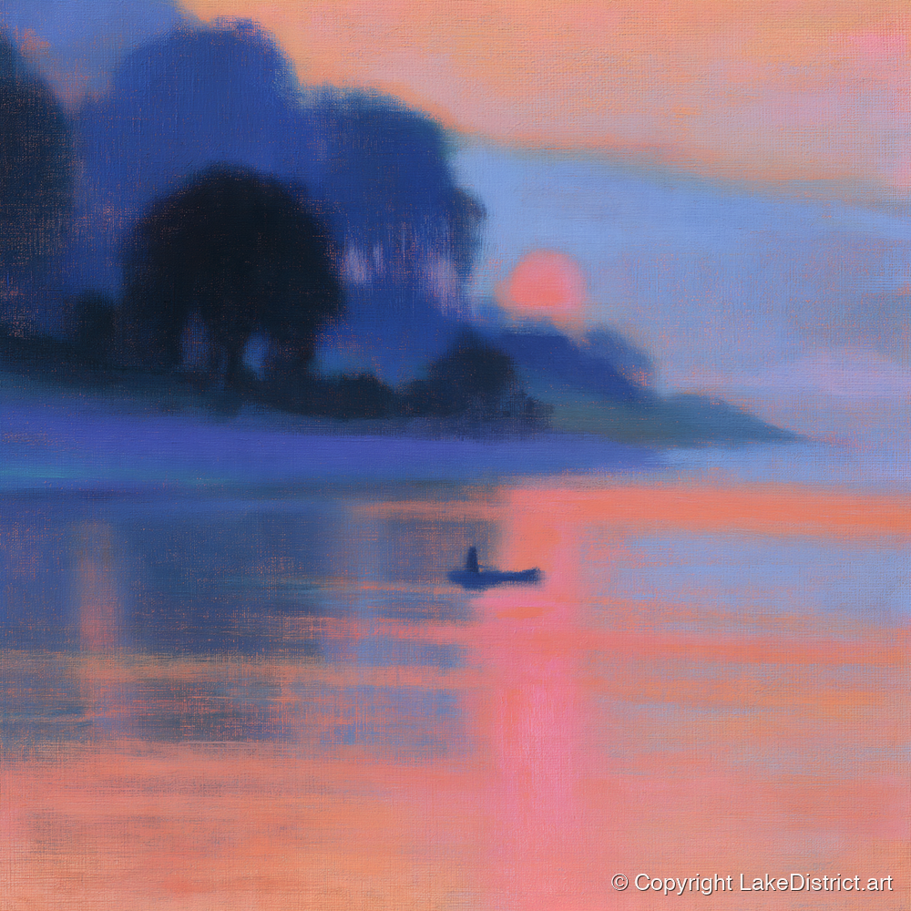 Indigo and Pink Lake Sunset - lake district lake art print and canvas by Theodore Vance A.I