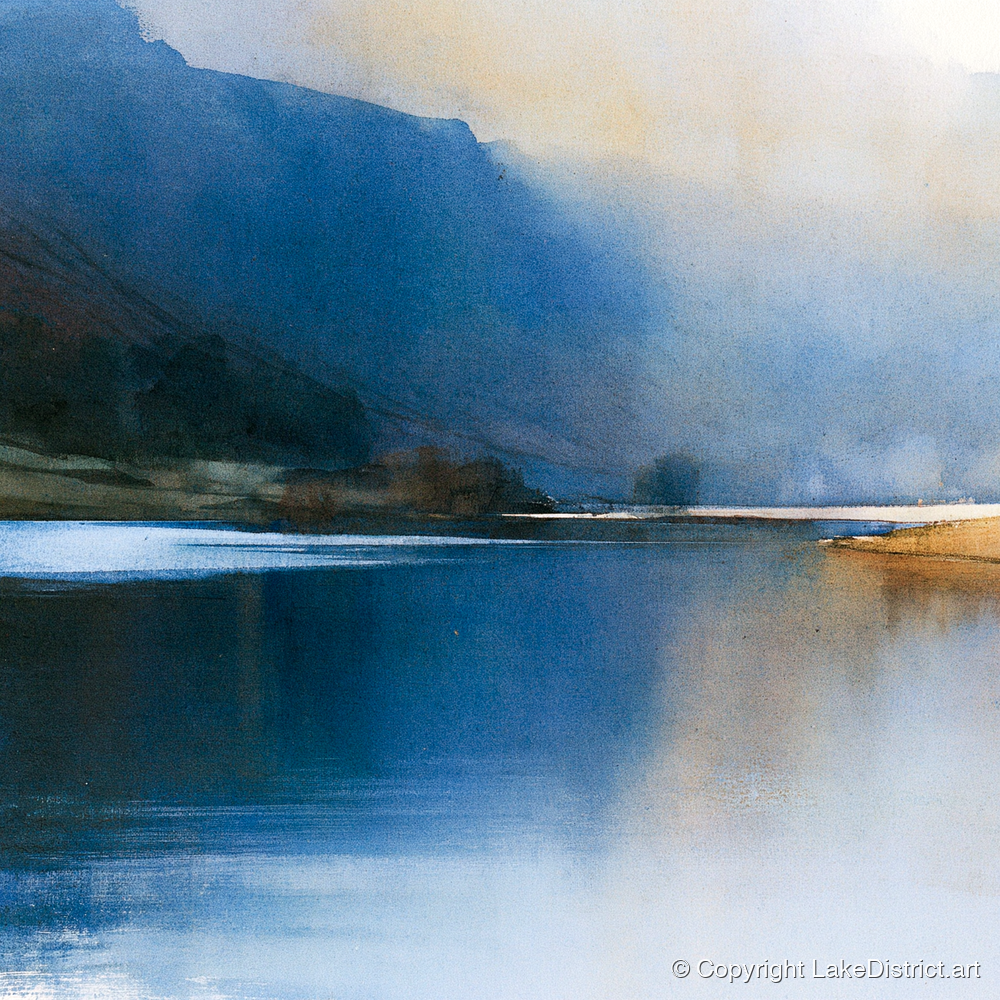 Indigo Fells and Lake Mist - lake district lake art print and canvas by Nathaniel Ward A.I