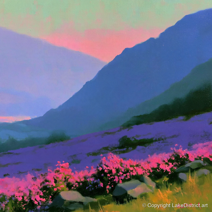 Indigo Fells and Vibrant Heather - flowers & fellsides art print and canvas by Edmund Thatcher A.I