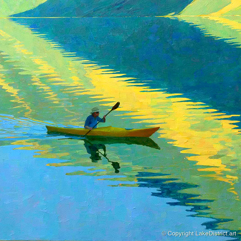 Kayaker on Vibrant Golden Water Reflections - lake district walking art print and canvas by Daphne Morley A.I