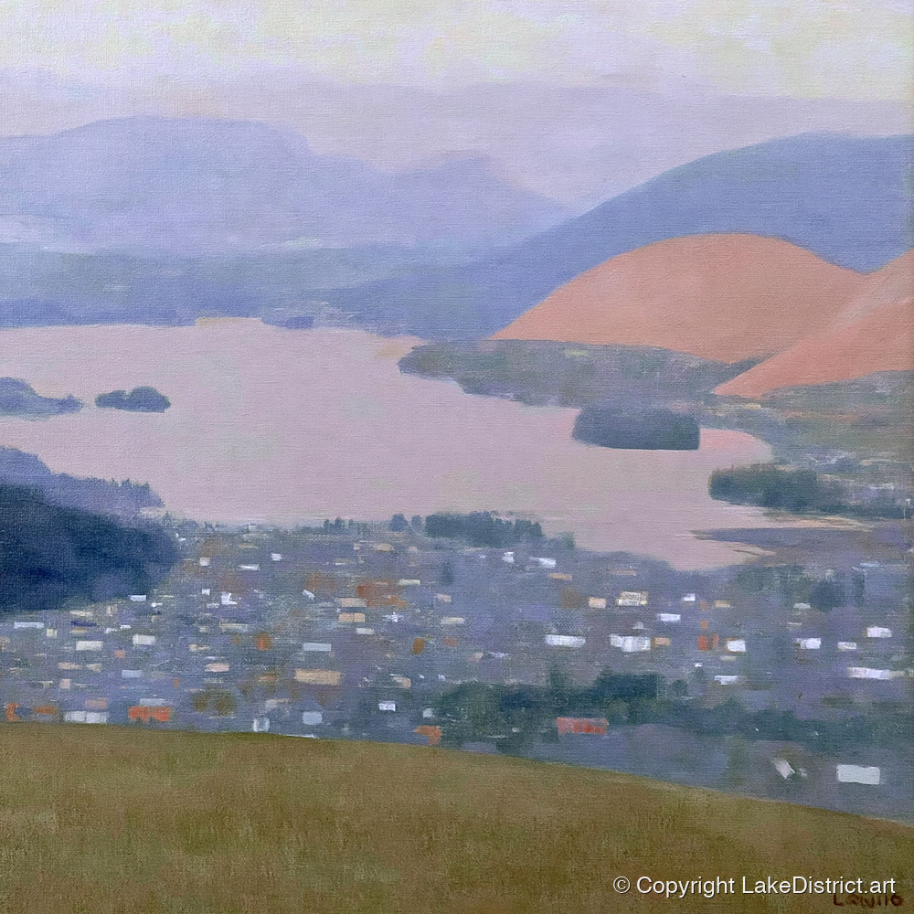 Keswick and Derwentwater Pastel Dusk - lake district village art print and canvas by Alistair Thorne A.I