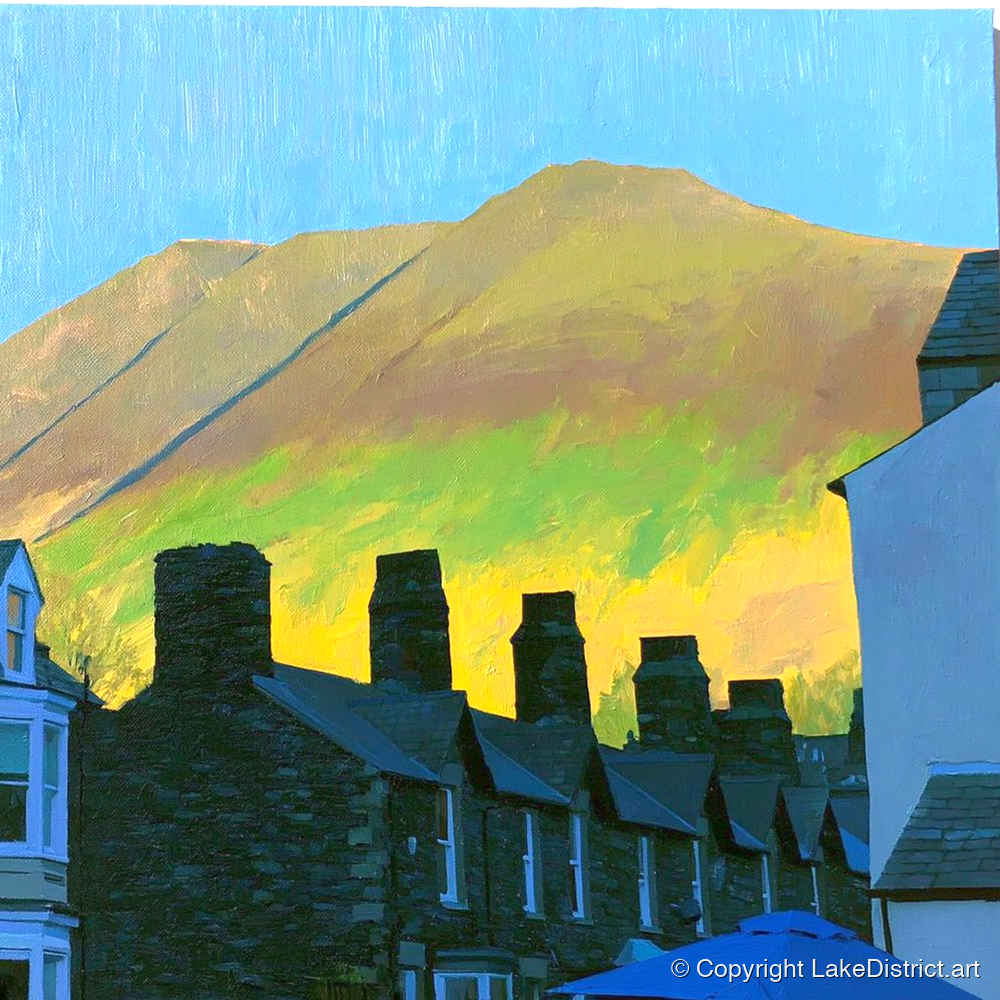 Keswick Chimneys and Sunlit Skiddaw - lake district village art print and canvas by Daphne Morley A.I