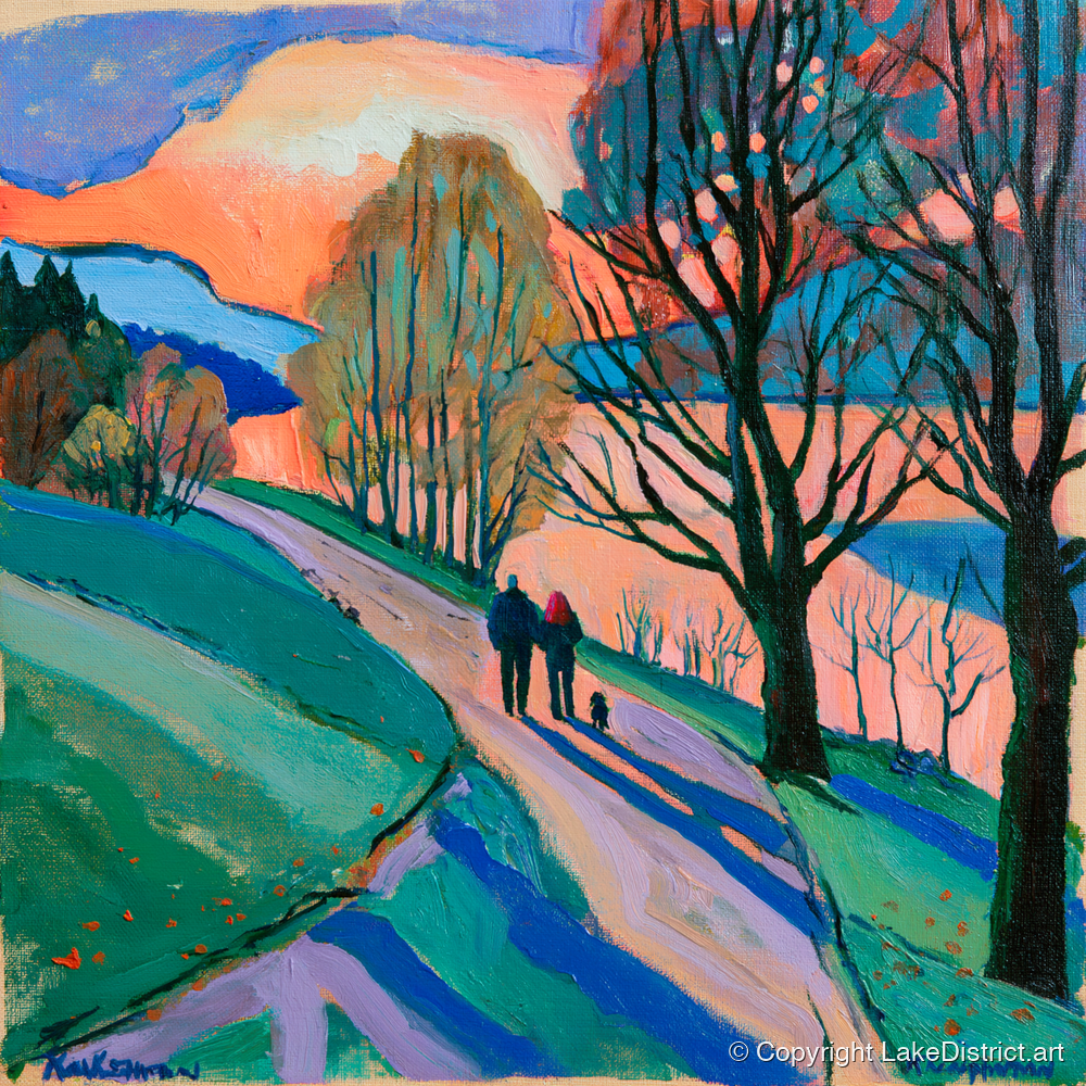 Keswick Sunset Dog Walk - gifts for dog walkers art print and canvas by Gideon Wright A.I