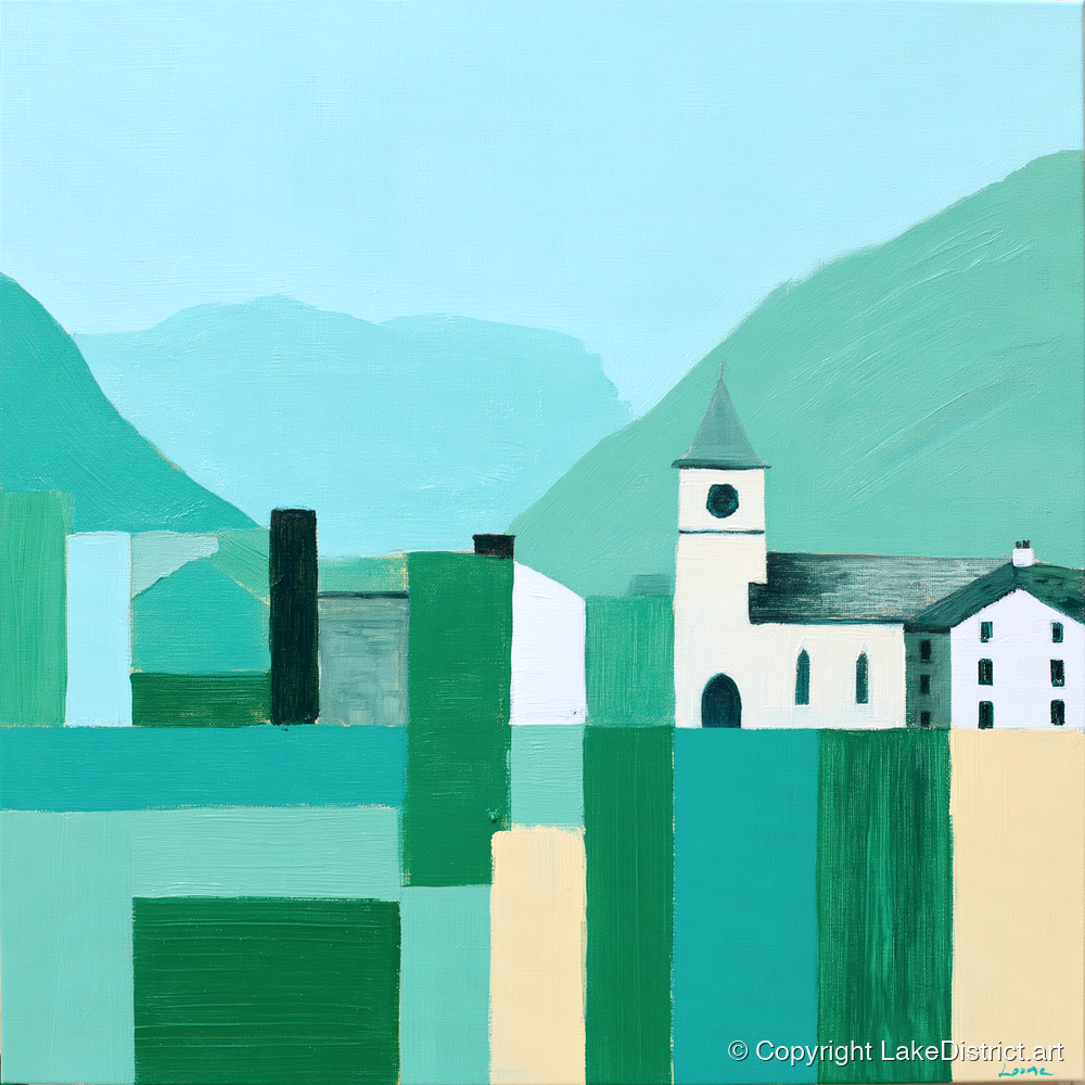 Keswick Townscape in Bold Greens - lake district village art print and canvas by Sebastian Finch A.I