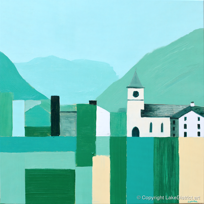 Keswick Townscape in Bold Greens - lake district village art print and canvas by Sebastian Finch A.I