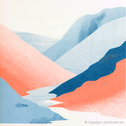Kirkstone Pass in Blue and Coral - lake district valley art print and canvas by Elliot Reid A.I