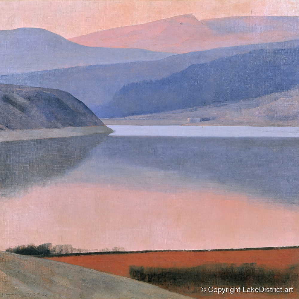 Lake and Fells in Dusk Pink - lake district lake art print and canvas by Alistair Thorne A.I