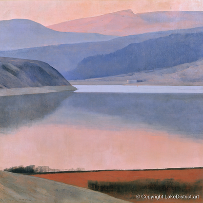 Lake and Fells in Dusk Pink - lake district lake art print and canvas by Alistair Thorne A.I