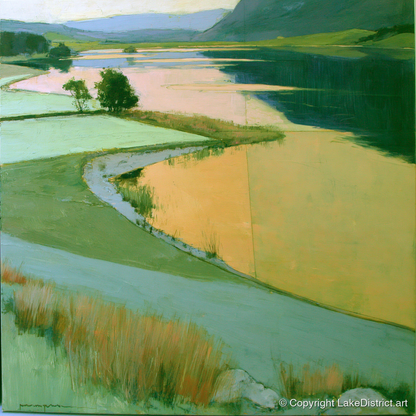 Lake and Golden Valley Fields - lake district lake art print and canvas by Emerson Grey A.I