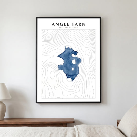 Angle Tarn lake map poster in a black frame, hanging in a bedroom