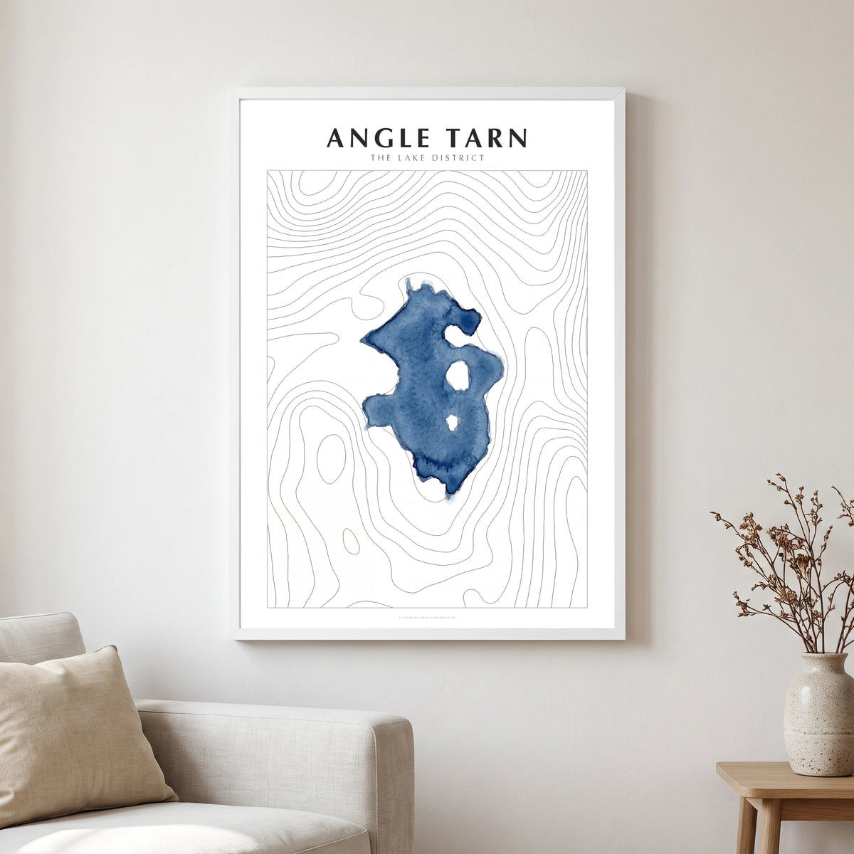 Angle Tarn lake map poster in a white frame, hanging in a living