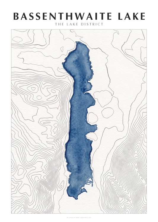 Bassenthwaite Lake watercolour contour map poster, Lake District