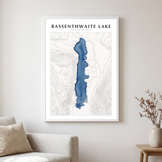 Bassenthwaite Lake lake map poster in a white frame, hanging in a living