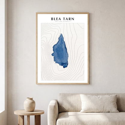 Blea Tarn lake map poster in a natural frame, hanging in a living