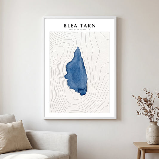 Blea Tarn lake map poster in a white frame, hanging in a living
