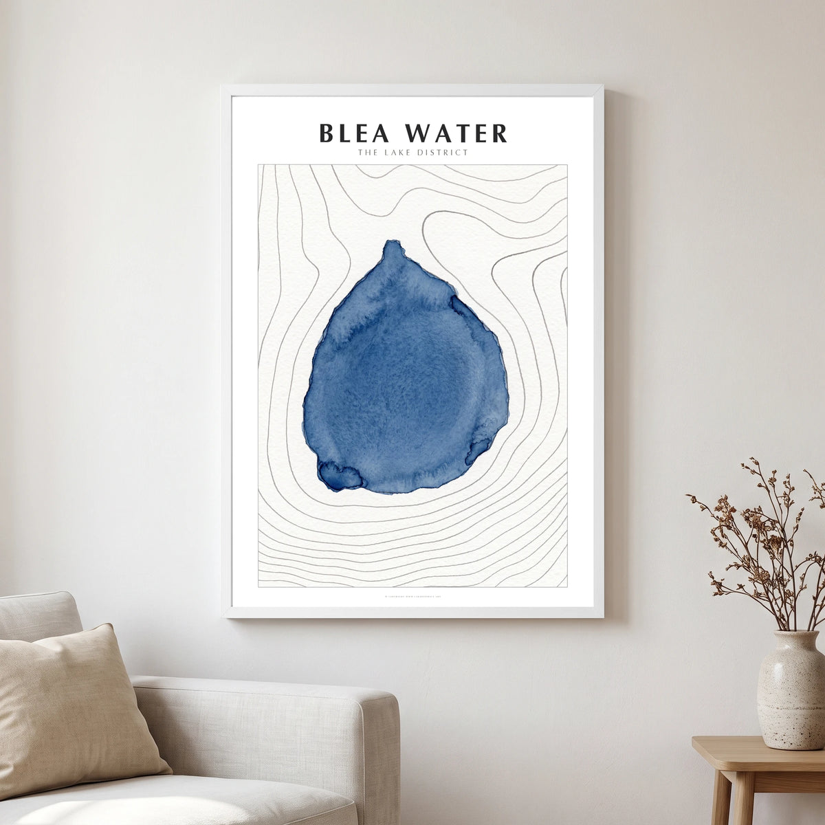 Blea Water lake map poster in a white frame, hanging in a living