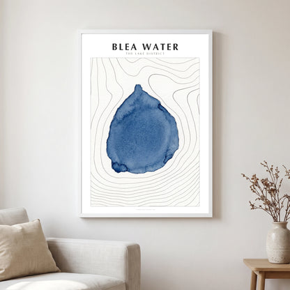 Blea Water lake map poster in a white frame, hanging in a living