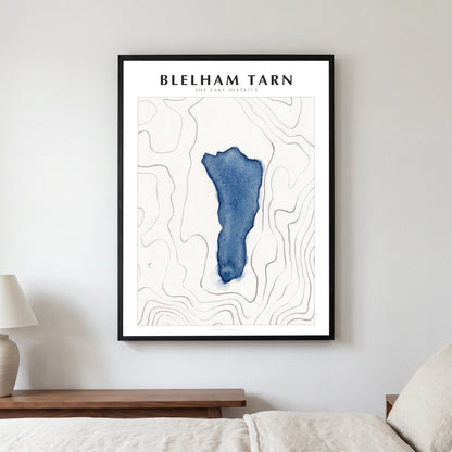 Blelham Tarn lake map poster in a black frame, hanging in a bedroom