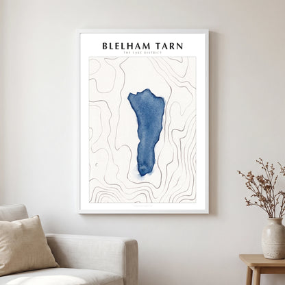Blelham Tarn lake map poster in a white frame, hanging in a living
