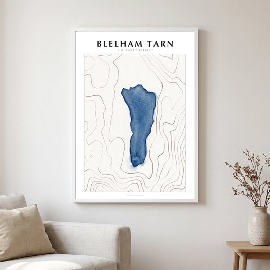Blelham Tarn lake map poster in a white frame, hanging in a living