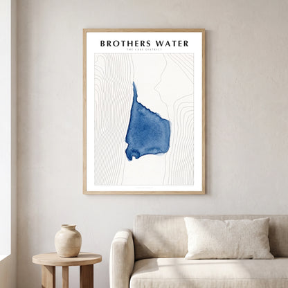 Brothers Water lake map poster in a natural frame, hanging in a living