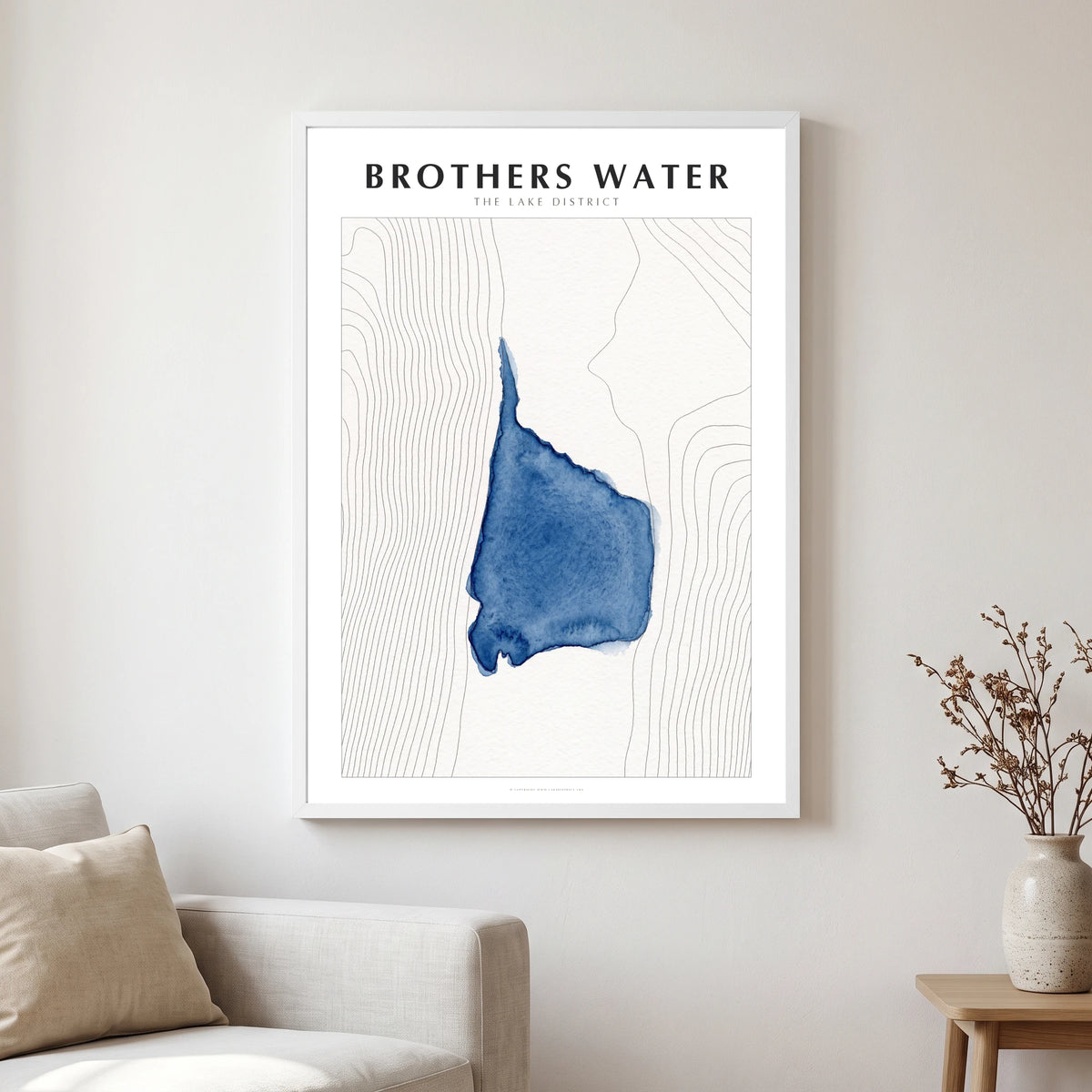 Brothers Water lake map poster in a white frame, hanging in a living