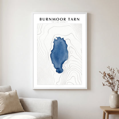 Burnmoor Tarn lake map poster in a white frame, hanging in a living