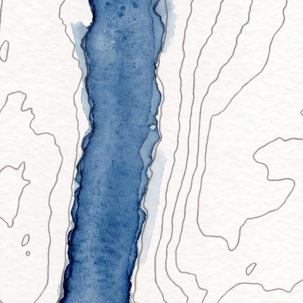 Coniston Water map poster close-up: the watercolour lake and the pen-drawn contour lines