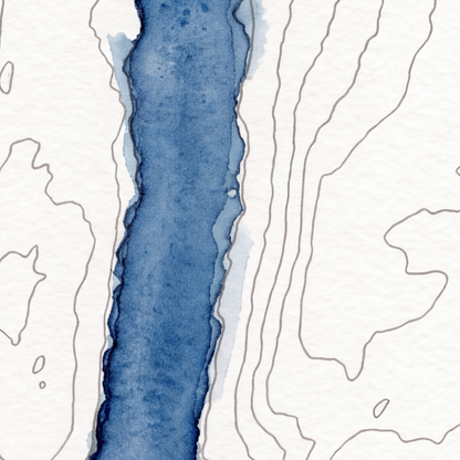 Coniston Water map poster close-up: the watercolour lake and the pen-drawn contour lines