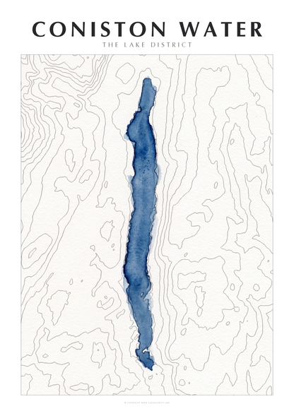 Coniston Water watercolour contour map poster, Lake District