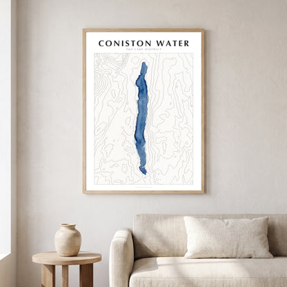 Coniston Water lake map poster in a natural frame, hanging in a living