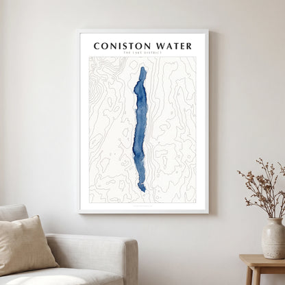 Coniston Water lake map poster in a white frame, hanging in a living