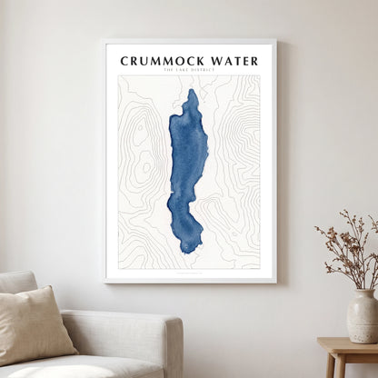 Crummock Water lake map poster in a white frame, hanging in a living